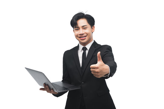 Happy businessman in black suit, white shirt, show thumb finger up, like, agree hand gesture, isolated on white background. Representative business man at studio image. Success concept.
