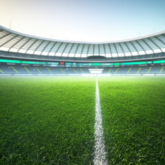 Soccer stadium with green field. Generative AI