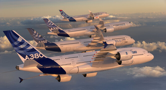 Airbus family flight: A380, A350, A330 and A320 perform spectacular formation flight