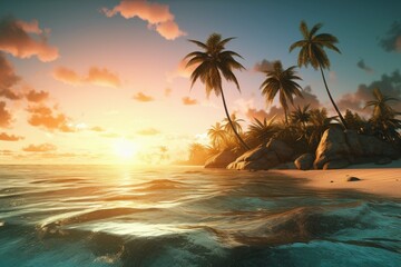 Fototapeta na wymiar Beach palms sunset sea. Generate Ai