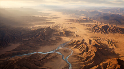an aerial view of desert and rocks. Panoramic view and aerial photography of a from Red Sand Dune. drone view of a breathtaking fantasy landscape. Generative AI