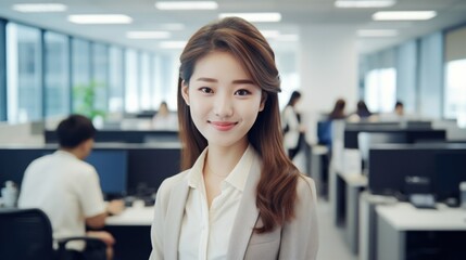 Young Asian Businesswoman confidence team leader business looking camera and smile in modern office room with blurred background.