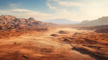 an aerial view of desert and rocks. Panoramic view and aerial photography of a from Red Sand Dune. drone view of a breathtaking fantasy landscape. Generative AI