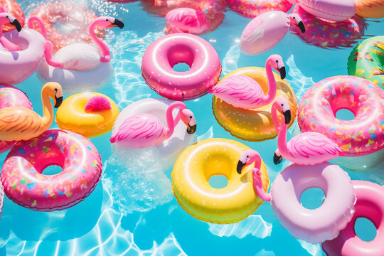 Colorful inflatable pool toys like flamingos and donuts floating in a swimming pool, embodying the carefree spirit of summer pool parties