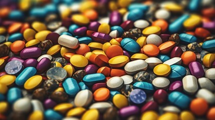 Fototapeta na wymiar Colorful medical background. Multicolored pills. AI generative image.