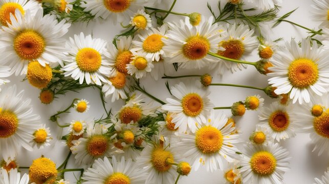 Daisies flowers, seamless background. AI generative image.