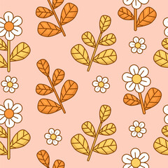 Fototapeta na wymiar Retro seamless pattern with Daisy Flower with leaves on light pink background. Groovy vector Illustration for wallpaper, design, textile, packaging, decor.