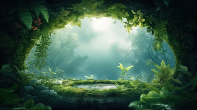 Rainforest background with copyspace. AI generative image.