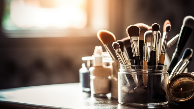 Close up make-up brushes on the table with copy space. Beauty industry accessories. AI generative image.