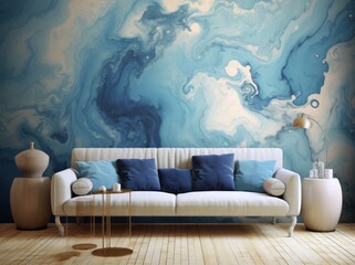 Living room with sofa in blue tones. AI generative image.