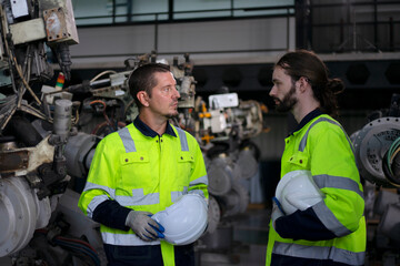 Fototapeta premium Engineer work at robotic arm factory.