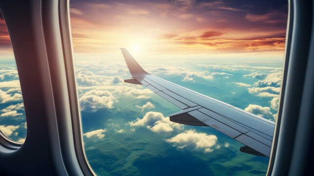 View Out Of An Airplane Window Showing An Airplane Wing 