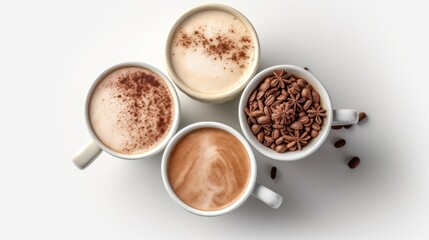 Obraz na płótnie Canvas Cups of cocoa, white background, top view. AI generative image.