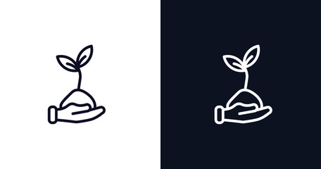hand and sprout icon. Thin line hand and sprout icon from user interface collection. Outline vector isolated on dark blue and white background. Editable hand and sprout symbol
