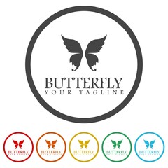 Butterfly logo template. Set icons in color circle buttons