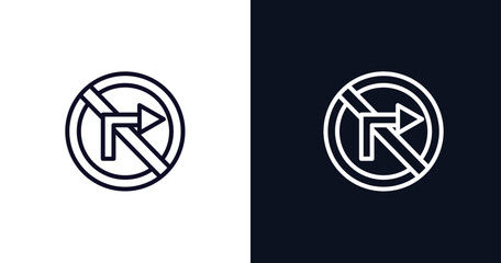 no turn right sign icon. Thin line no turn right sign icon from traffic signs collection. Outline vector isolated on dark blue and white background. Editable no turn right sign symbol