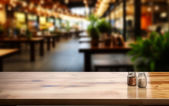 You may montage or show your items on an empty wooden table in front of a blurry background in a mall atrium. design template for the product display. wooden platform platform with nothing on it 