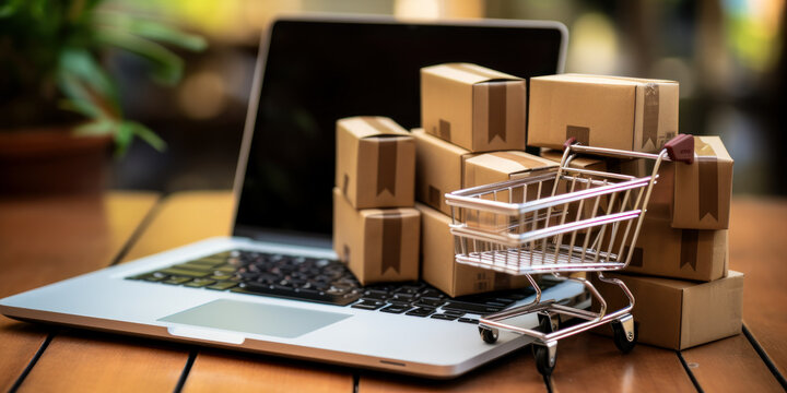 Cart loaded with product packaging boxes, a shopping bag, and a laptop computer