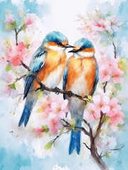 watercolor illustration of a colorful birds on a cherry blossom