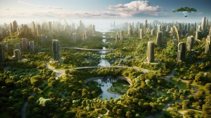 Obraz premium Futuristic eco friendly city. AI generative image.