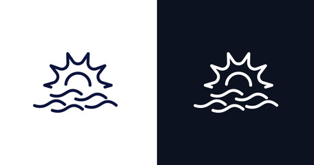 sunset at sea icon. Thin line sunset at sea icon from summer collection. Outline vector isolated on dark blue and white background. Editable sunset at sea symbol can be used web and mobile