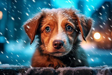Sad puppy under the falling snow. Abandoned dog. Generative AI. - 617291769