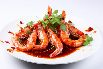a plate of cooked prawns in spicy sauce on a white background