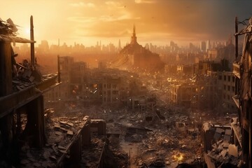 Obraz premium Destroyed houses in the city. Apocalypse, war. Generative AI.