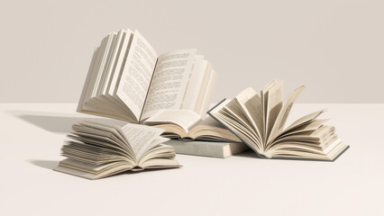 Vintage books stack and podium. Bookcase with old books in the interior. Bookstore, decoration, bookshelves in a beige and white color background. 3D render