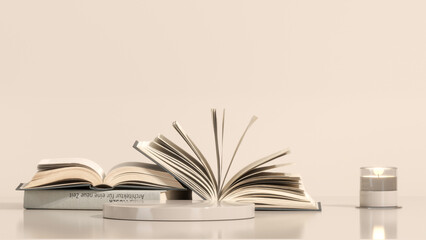 Vintage books stack and podium. Bookcase with old books in the interior. Bookstore, decoration, bookshelves in a beige and white color background. 3D render