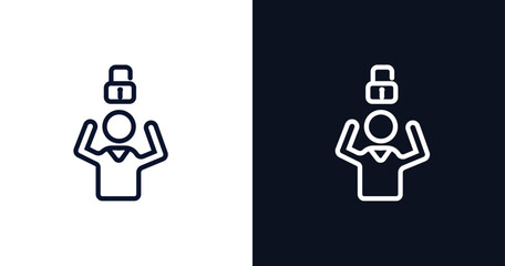 man with open lock icon. Thin line man with open lock icon from people collection. Outline vector isolated on dark blue and white background. Editable man with open lock symbol