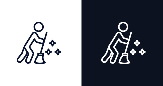 sweeping person icon. Thin line sweeping person icon from people collection. Outline vector isolated on dark blue and white background. Editable sweeping person symbol can be used web and mobile
