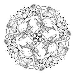 Fototapeta premium Botanical mandala with aquatic plants and dragonflies. Coloring page. Vector.