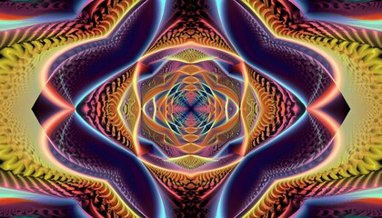 Tunnel symmetrical fractal psychedelic patterns. pattern, texture, design, color, wallpaper, illustration, art, fractal, wave, paint, colorful, light, water, line, swirl, gold, AI Generated