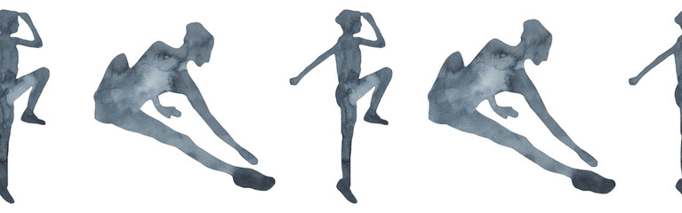 Sports at sunrise border.Running.Gymnastics.Morning gym.Watercolor silhouette sport isolated on white background.