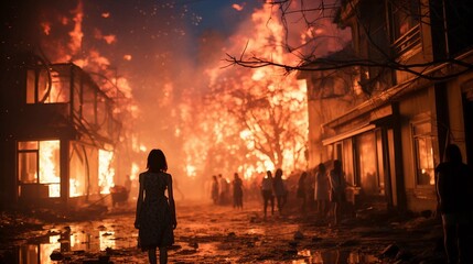 A Cinematic Still of a Crowd of People in a Neighborhood on Fire Generative