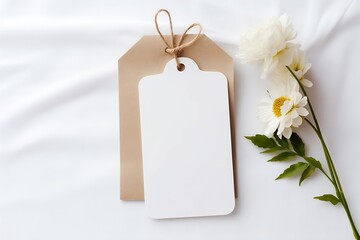 A mock - up of a white and brown empty tag with a rope