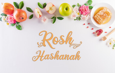 Fototapeta na wymiar Rosh hashanah (jewish New Year holiday), Concept of traditional or religion symbols on white background.