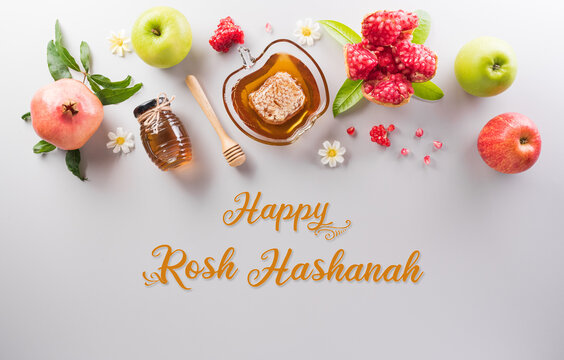 Rosh hashanah (Jewish New Year holiday), Concept of traditional or religion symbols on pastel background.
