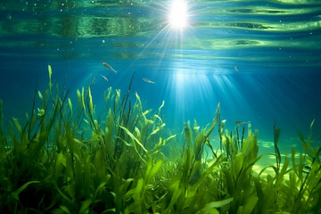 Fototapeta na wymiar Underwater world with algae and small fish
