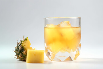 a glass of cut pineapple on a white background