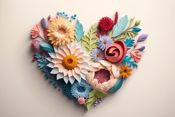 cardboard style. heart made of different flowers on a white background. Valentines day. love. generative ai.