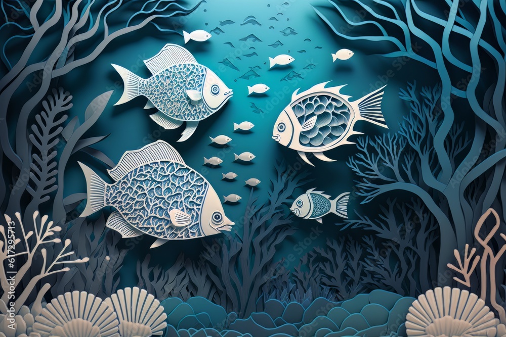 Wall mural cardboard style. underwater world. fish corals in the ocean.. generative ai. - Wall murals