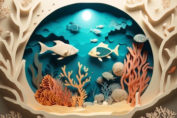 cardboard style. underwater world. fish corals in the ocean.. generative ai.