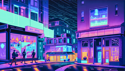 Surrealist street in the heart of a colorful city. Generative AI.