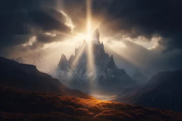 Fotobehang "His Light". Beautiful sun rays over mountain peaks © Faith Stock