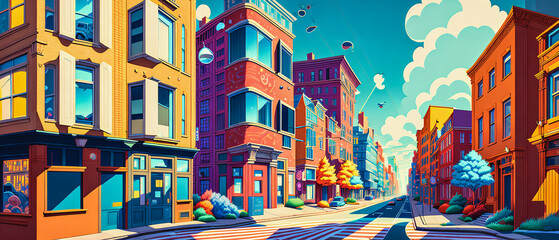 Surrealist street in the heart of a colorful city. Generative AI.