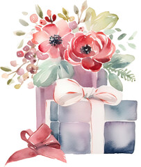 Gift box with flowers, watercolor illustration, isolated on white background