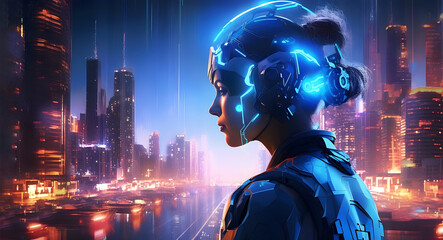 Cyborg woman in night cyberpunk futuristic city. Generative ai