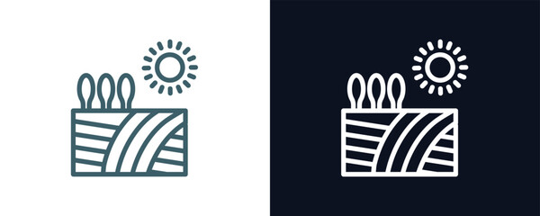 farm field icon. Thin line farm field icon from agriculture and farm collection. Outline vector isolated on dark blue and white background. Editable farm field symbol can be used web and mobile